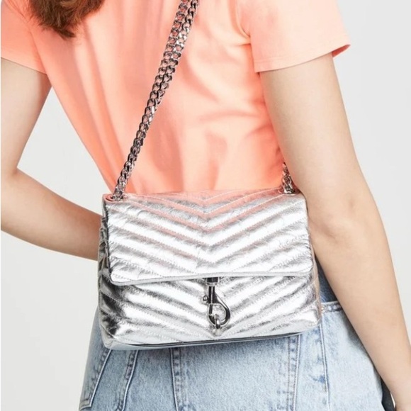 Rebecca Minkoff Edie Silver Quilted Chain Shoulder Crossbody Bag NWT - Picture 1 of 9